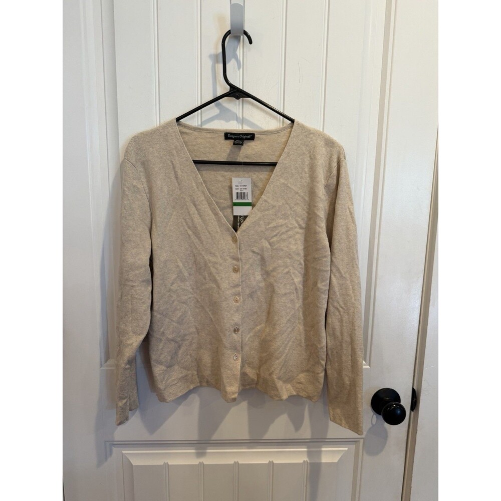 Designers Originals Cardigan Sweater Petite Large NWT Beige Cotton Nylon V Neck